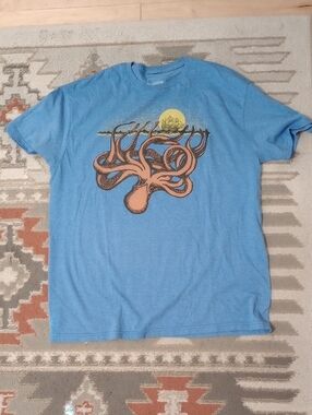 Blue Short Sleeve Graphic Tee with Orange Octopus